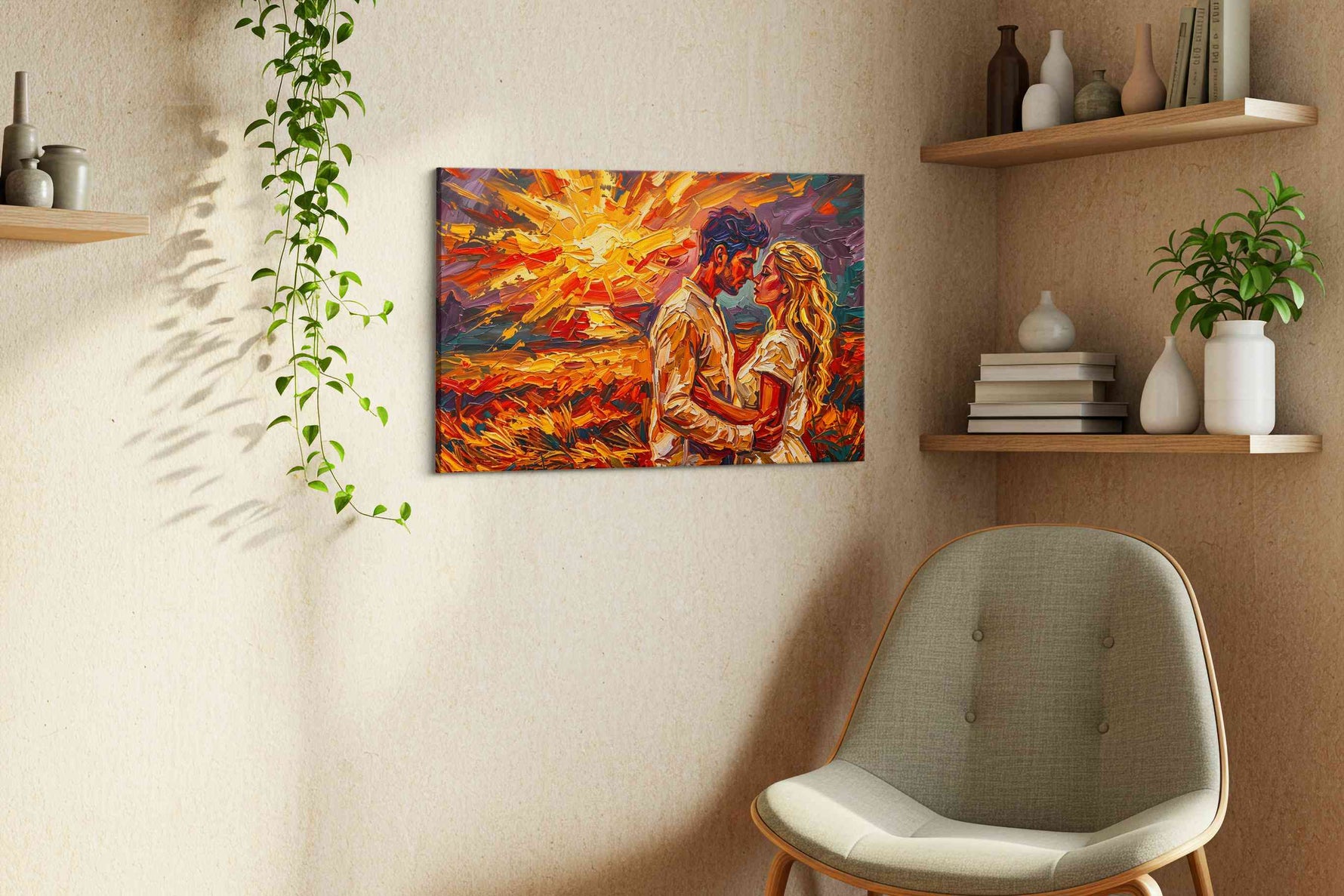 Eternal Embrace at Sunset romance canvas print styled in a living room