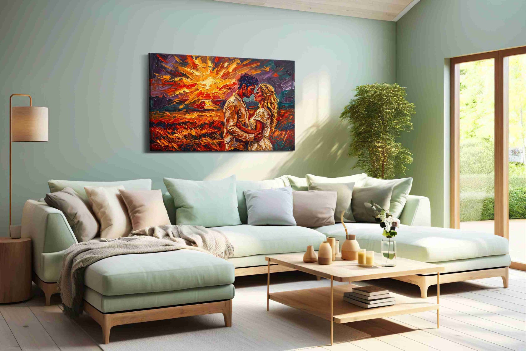 Eternal Embrace at Sunset romance canvas print, hanging on wall