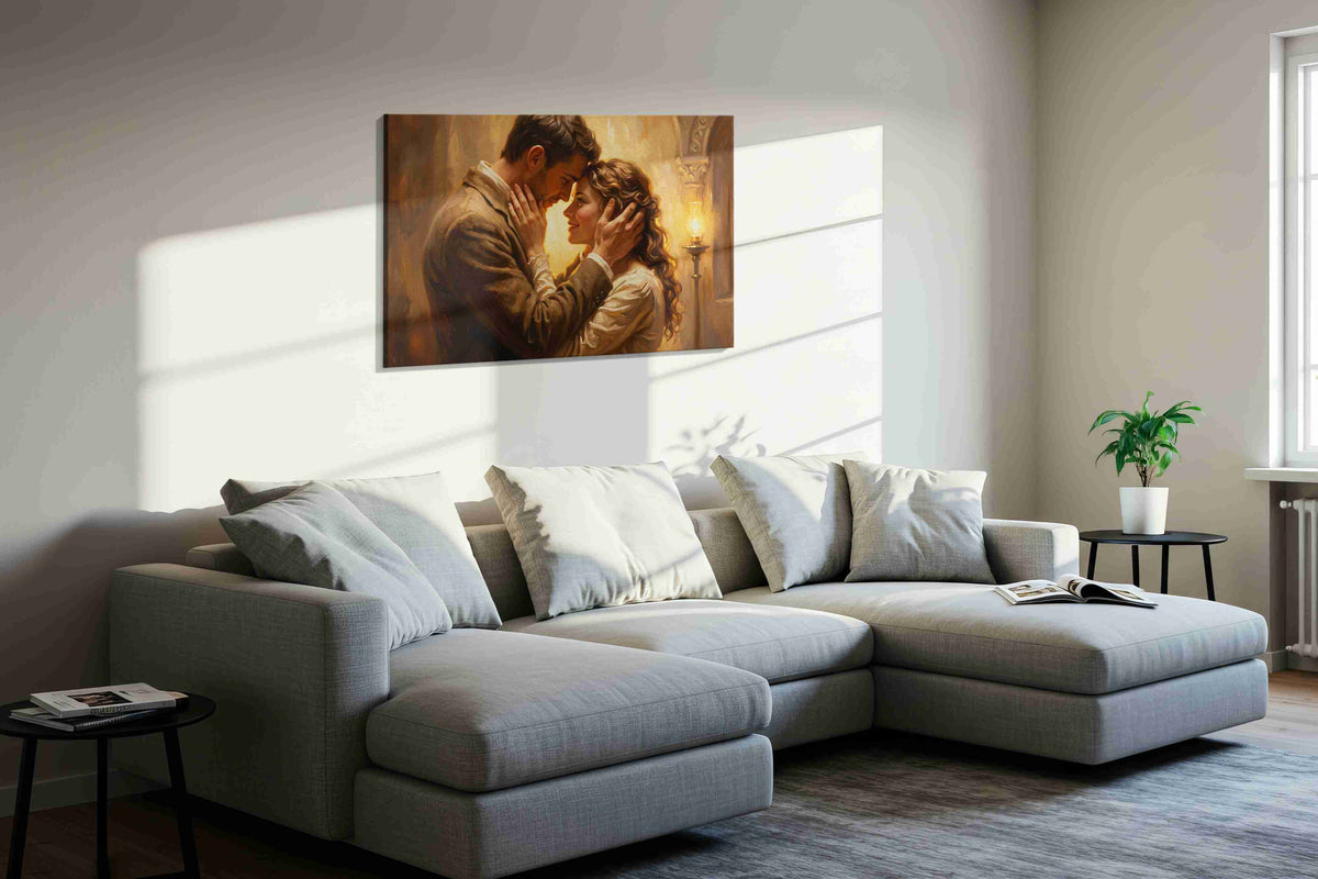 Eternal Embrace in Candlelight romance canvas print, displayed in a living room