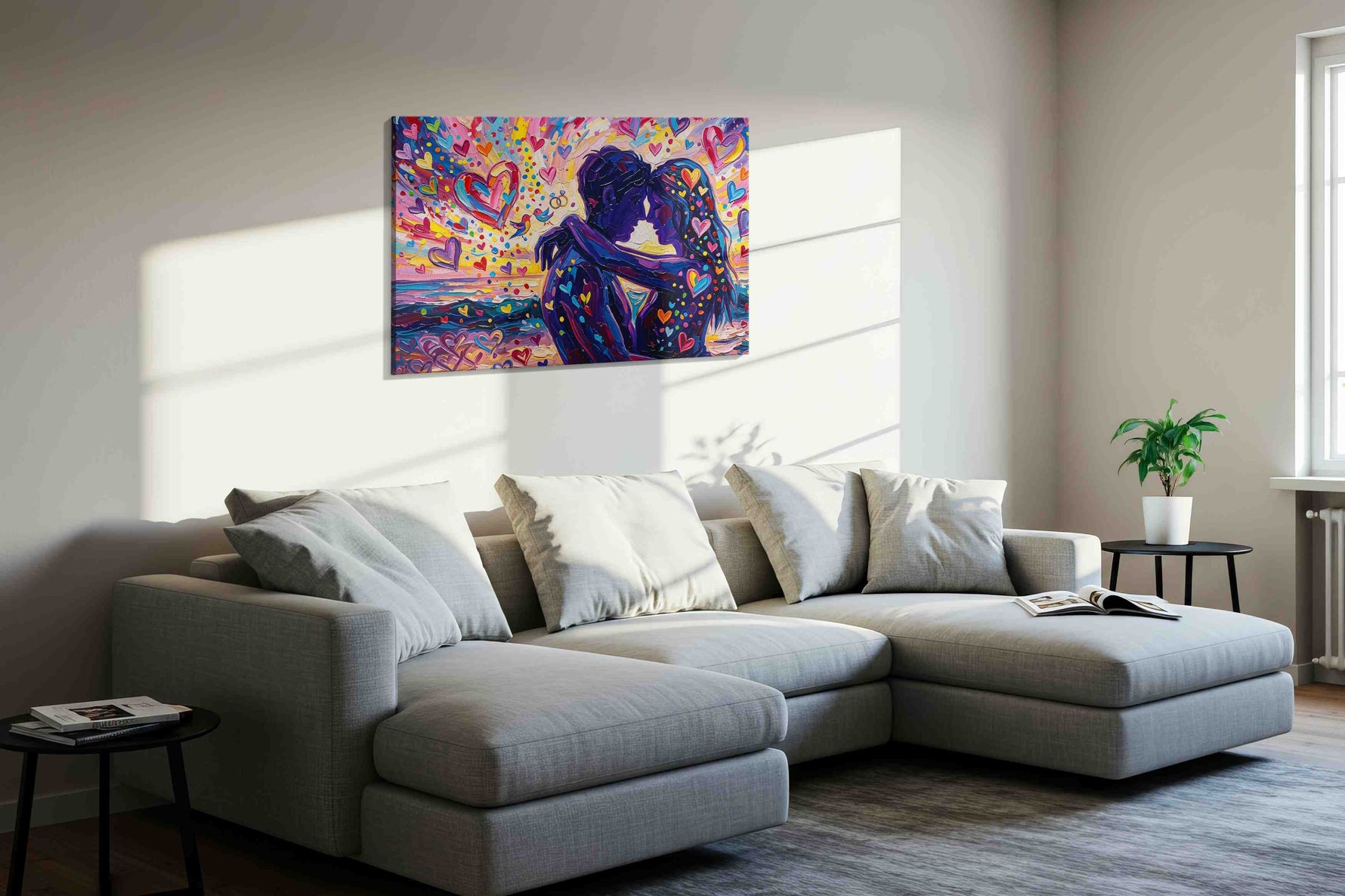 Eternal Embrace in Heartburst romance canvas print, displayed in a living room
