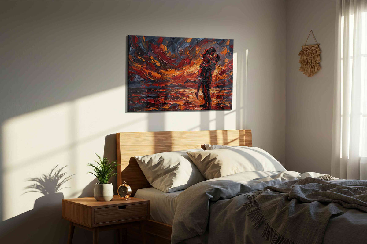 Eternal Embrace of Fire romance canvas print, displayed in a bedroom