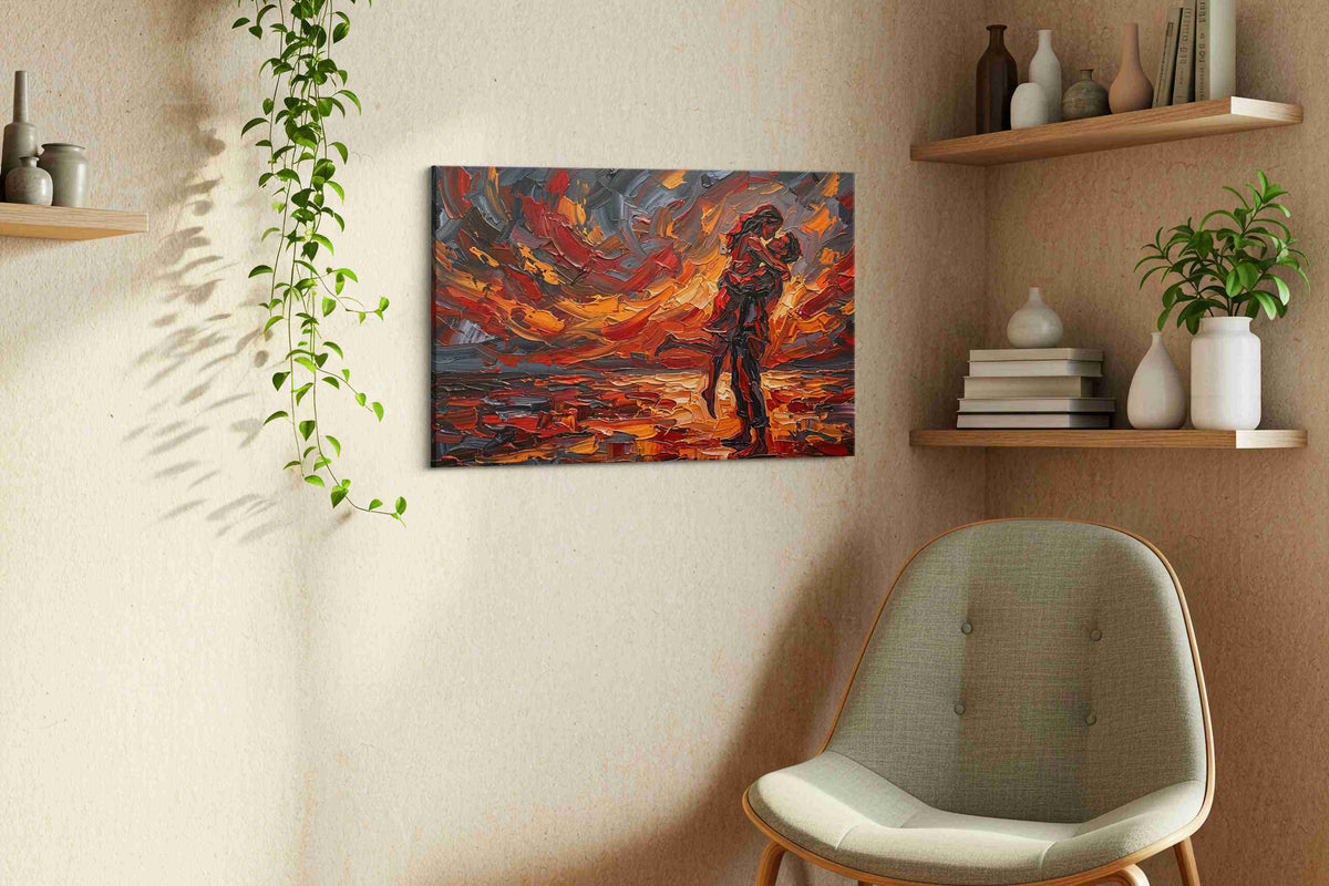 Eternal Embrace of Fire romance canvas print, displayed in a living room