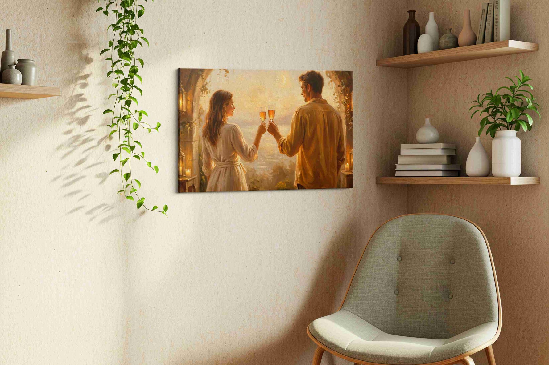 Eternal Evening Toast romance canvas print, displayed in a living room