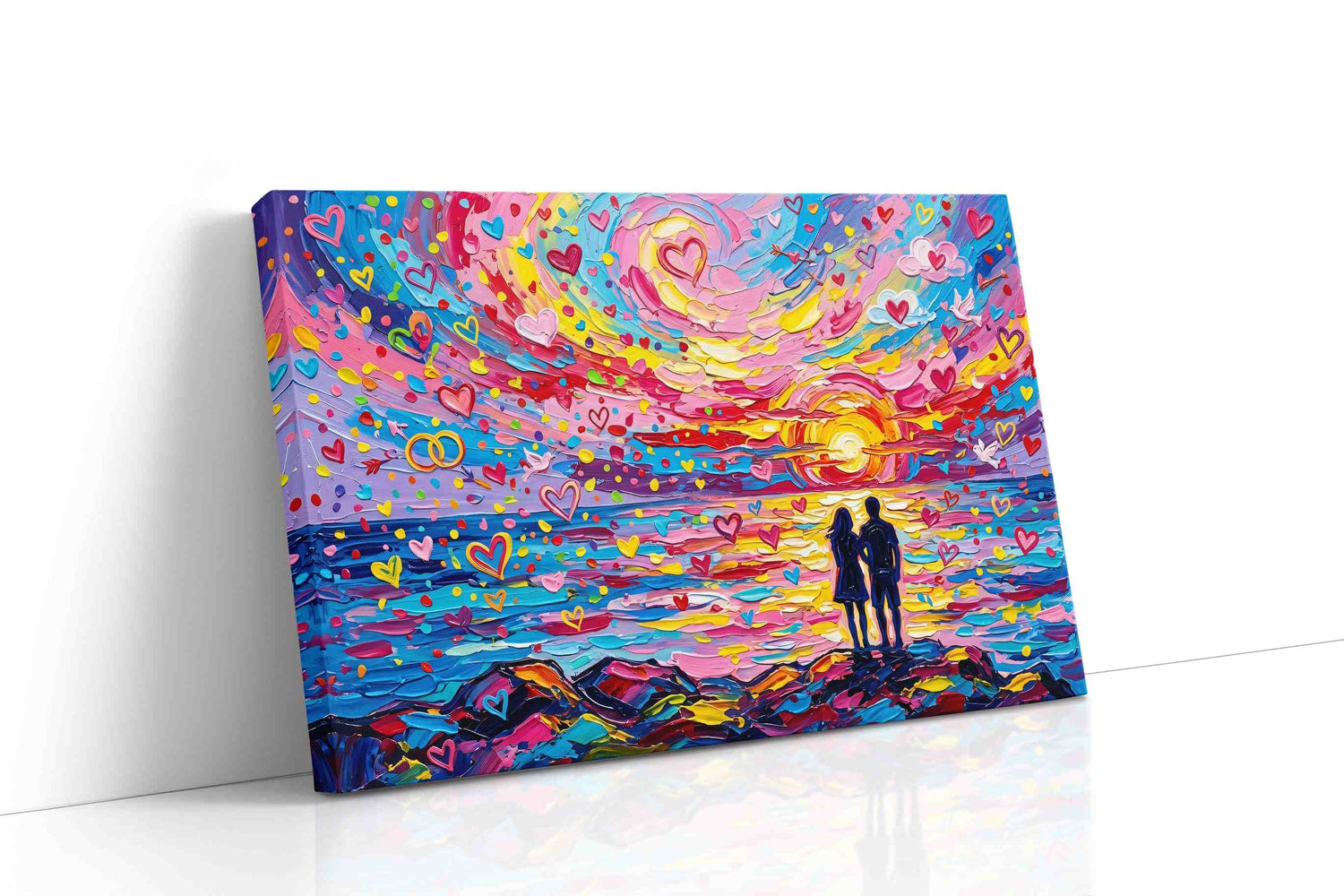Hearts at Sunset's Embrace romance canvas print, gallery-wrapped, ready to hang