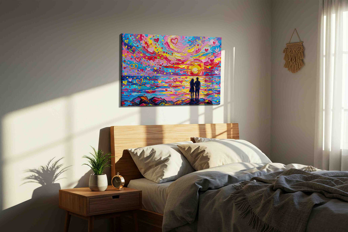 Hearts at Sunset's Embrace romance canvas print, displayed in a bedroom