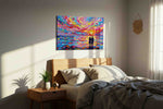 Hearts at Sunset's Embrace romance canvas print, displayed in a bedroom