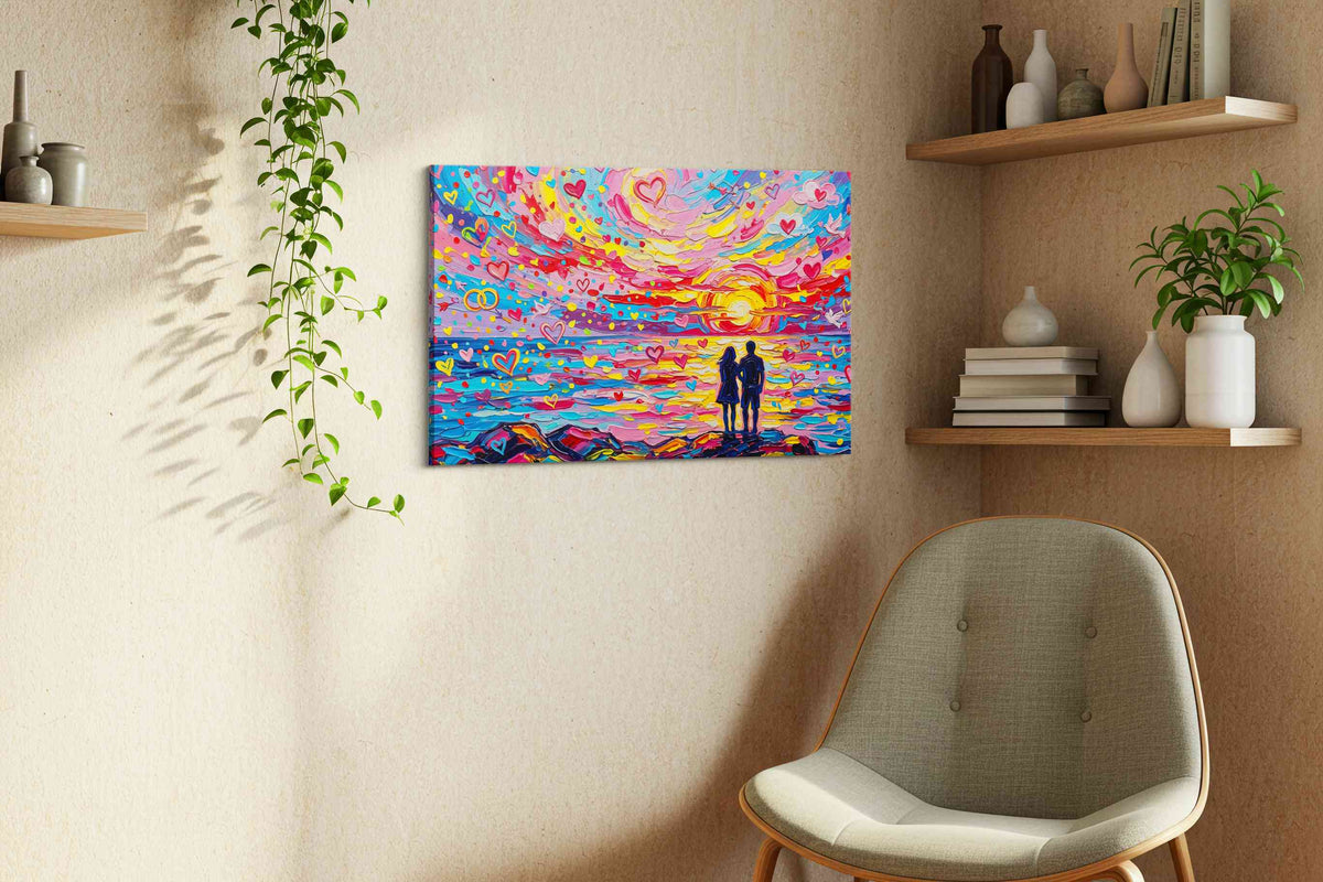 Hearts at Sunset's Embrace romance canvas print styled in a living room