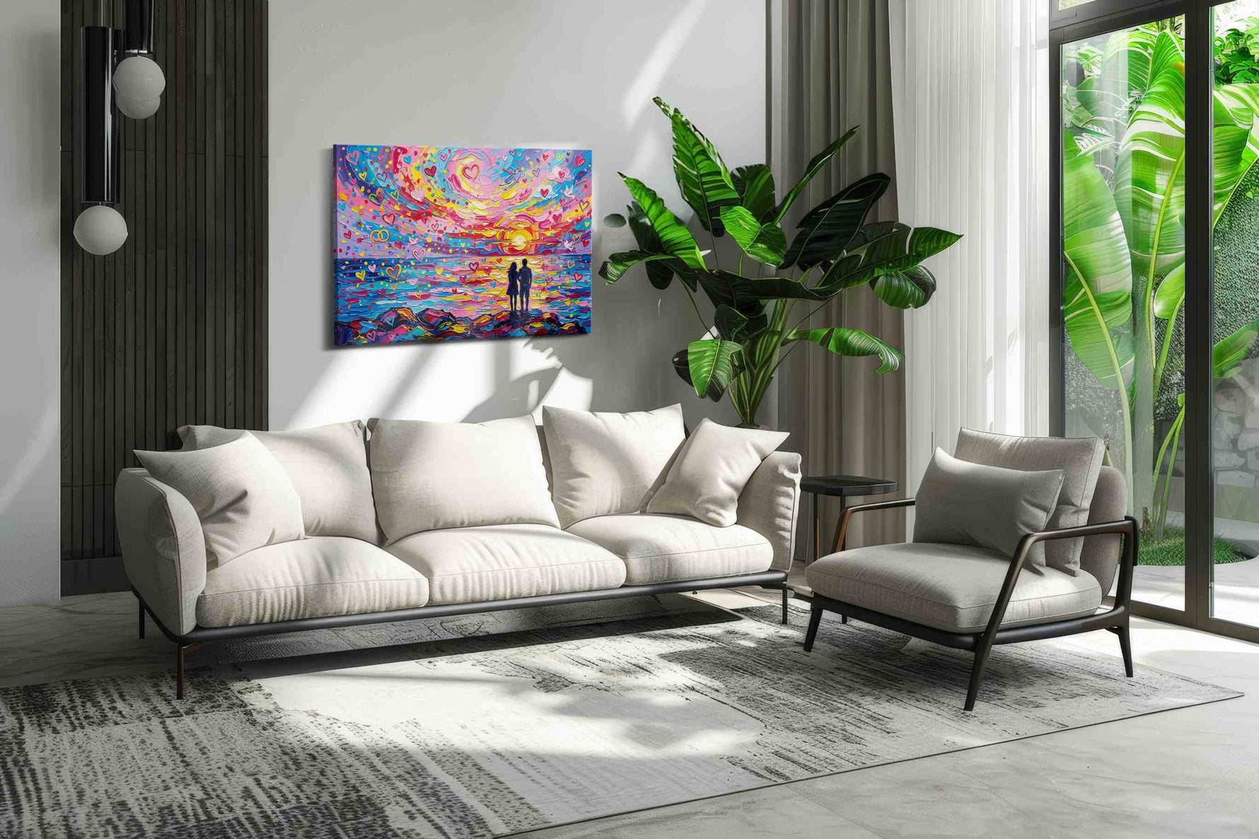 Hearts at Sunset's Embrace romance canvas print, on wall, lifestyle preview