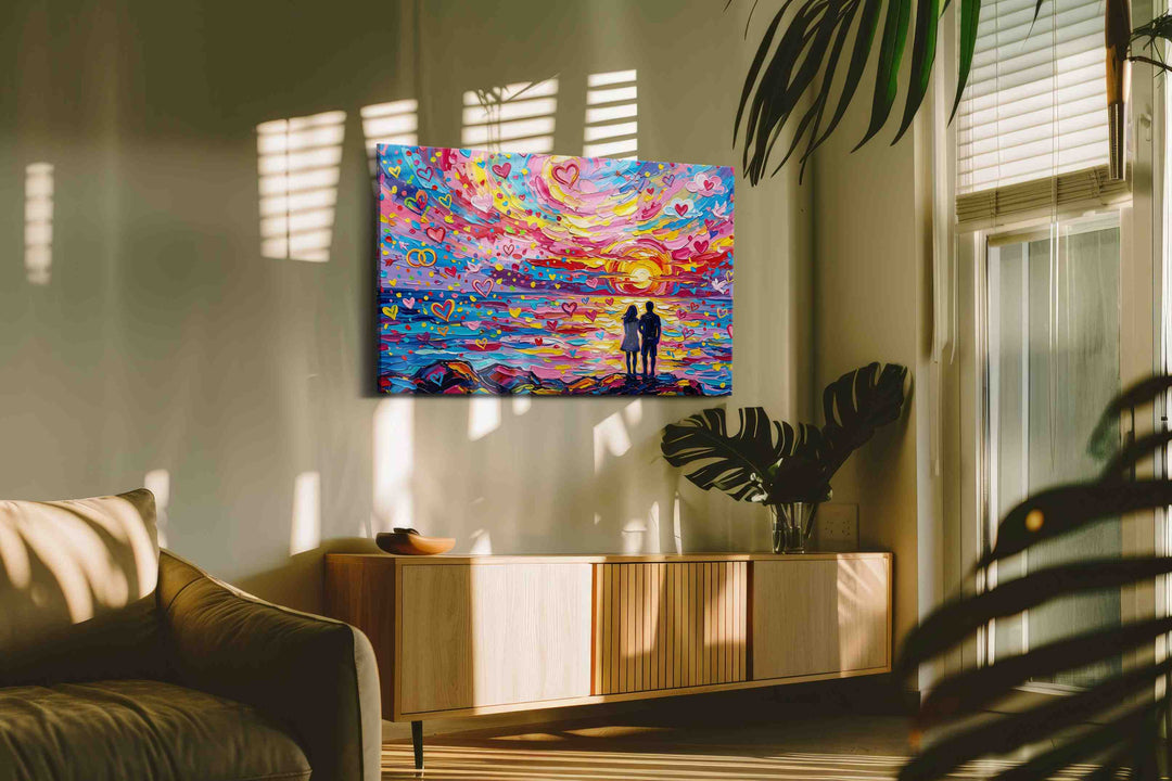 Hearts at Sunset's Embrace – romance canvas wall art, gallery-wrapped, ready to hang