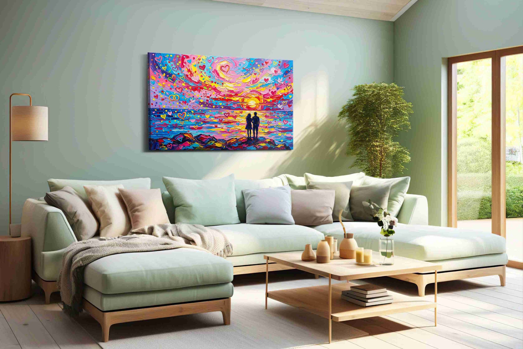 Hearts at Sunset's Embrace romance canvas print, hanging on wall