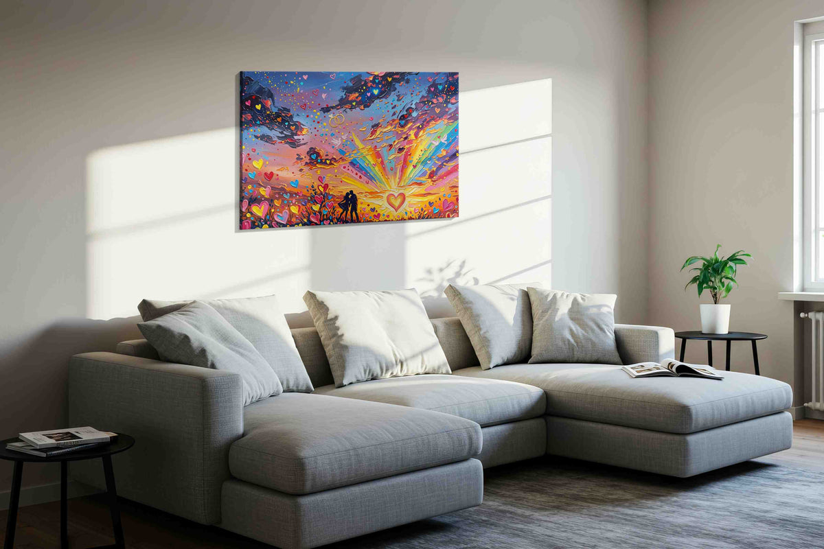Love's Vibrant Sunset romance canvas print, displayed in a living room