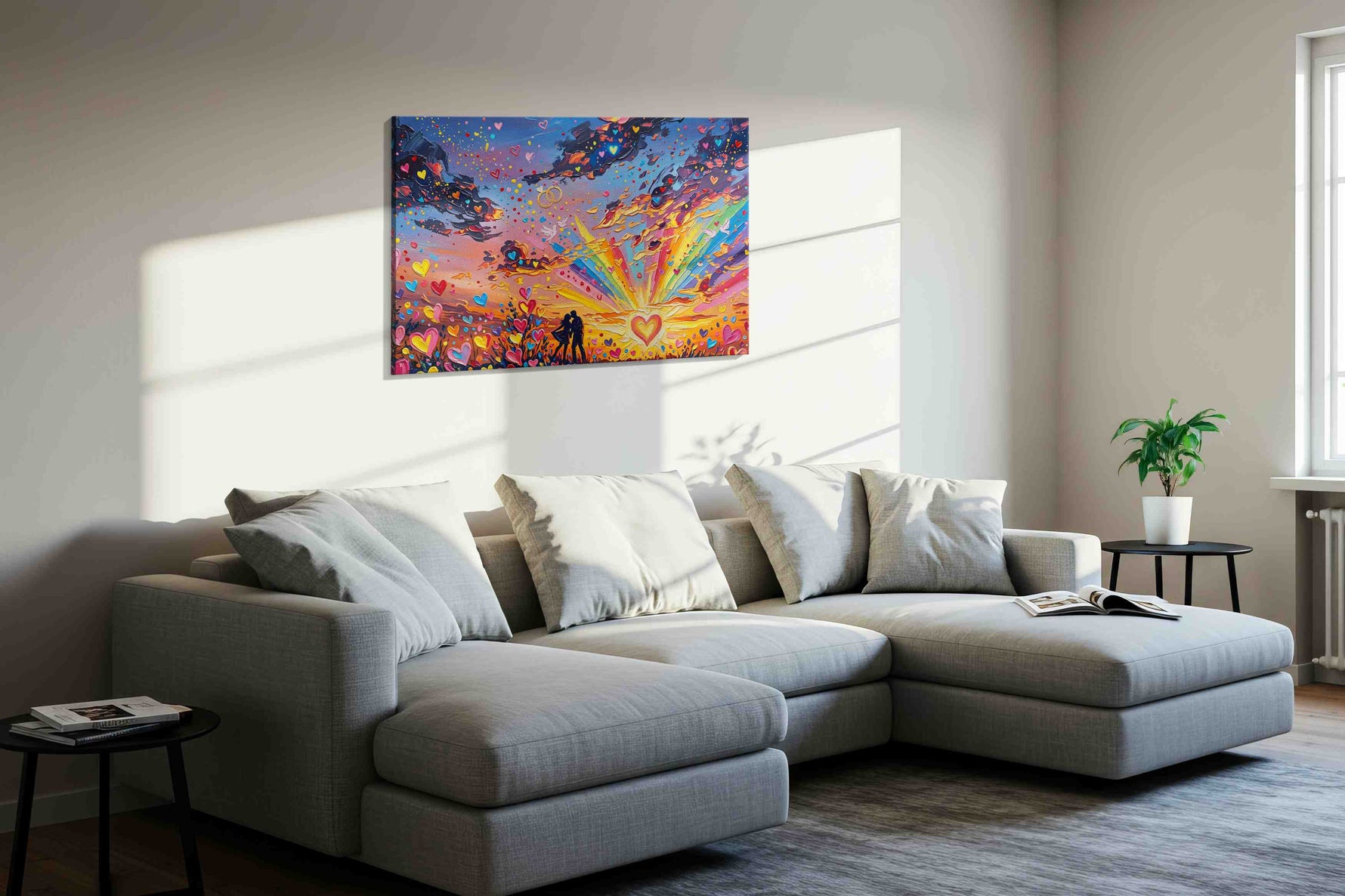 Love's Vibrant Sunset romance canvas print, displayed in a living room