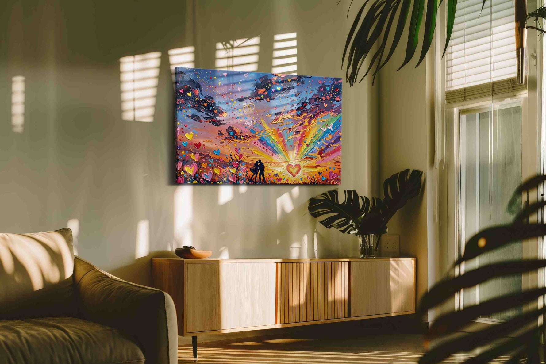 Love's Vibrant Sunset romance canvas print, on wall, lifestyle preview