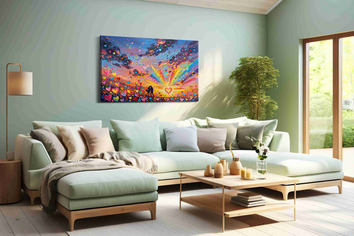Love's Vibrant Sunset romance canvas print, hanging on wall