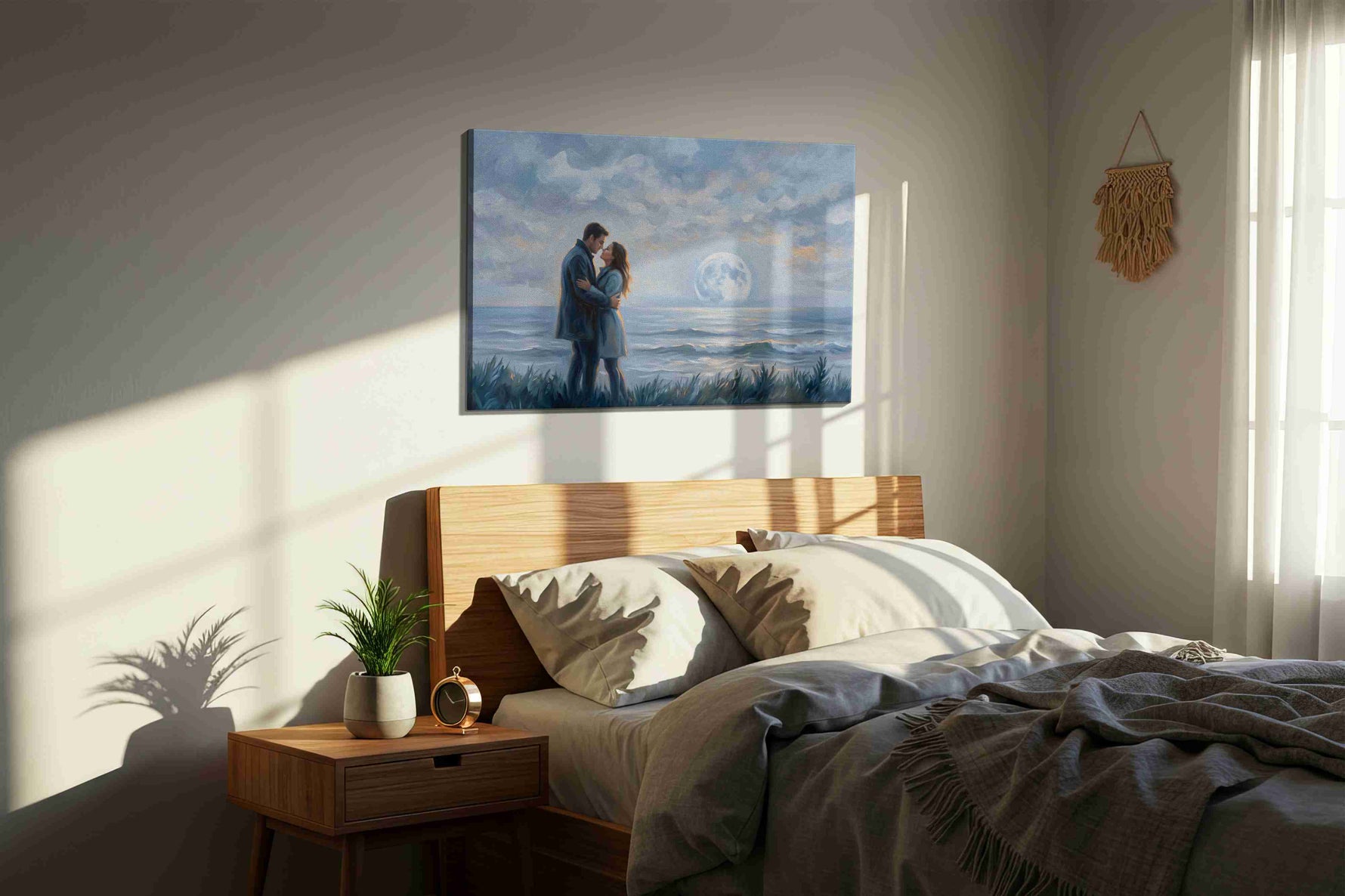 Moonlit Embrace II romance canvas print, displayed in a bedroom