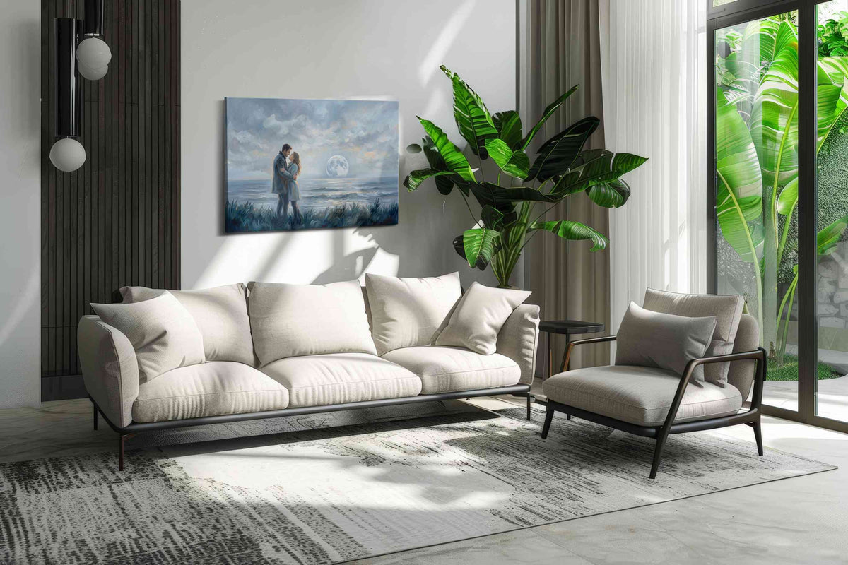 Moonlit Embrace II romance canvas print in a modern interior mockup