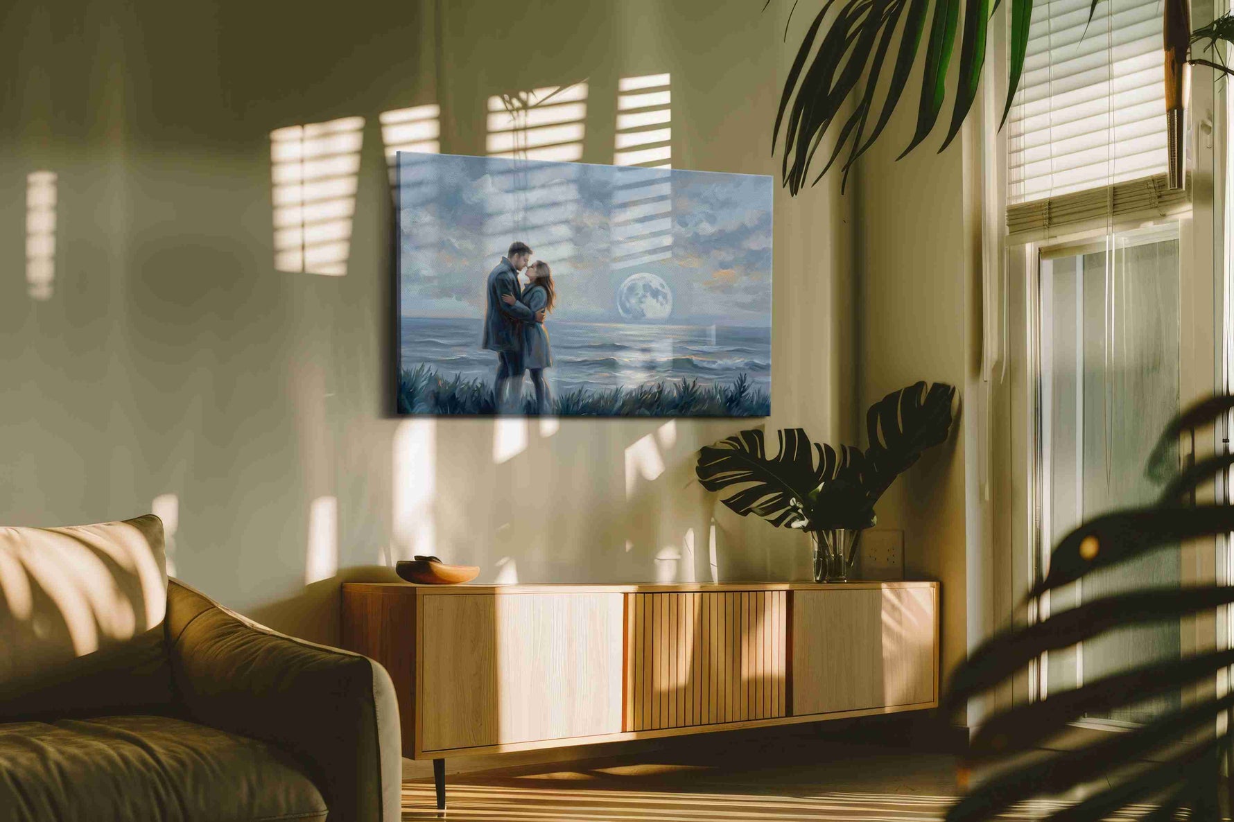Moonlit Embrace II romance canvas print, on wall, lifestyle preview