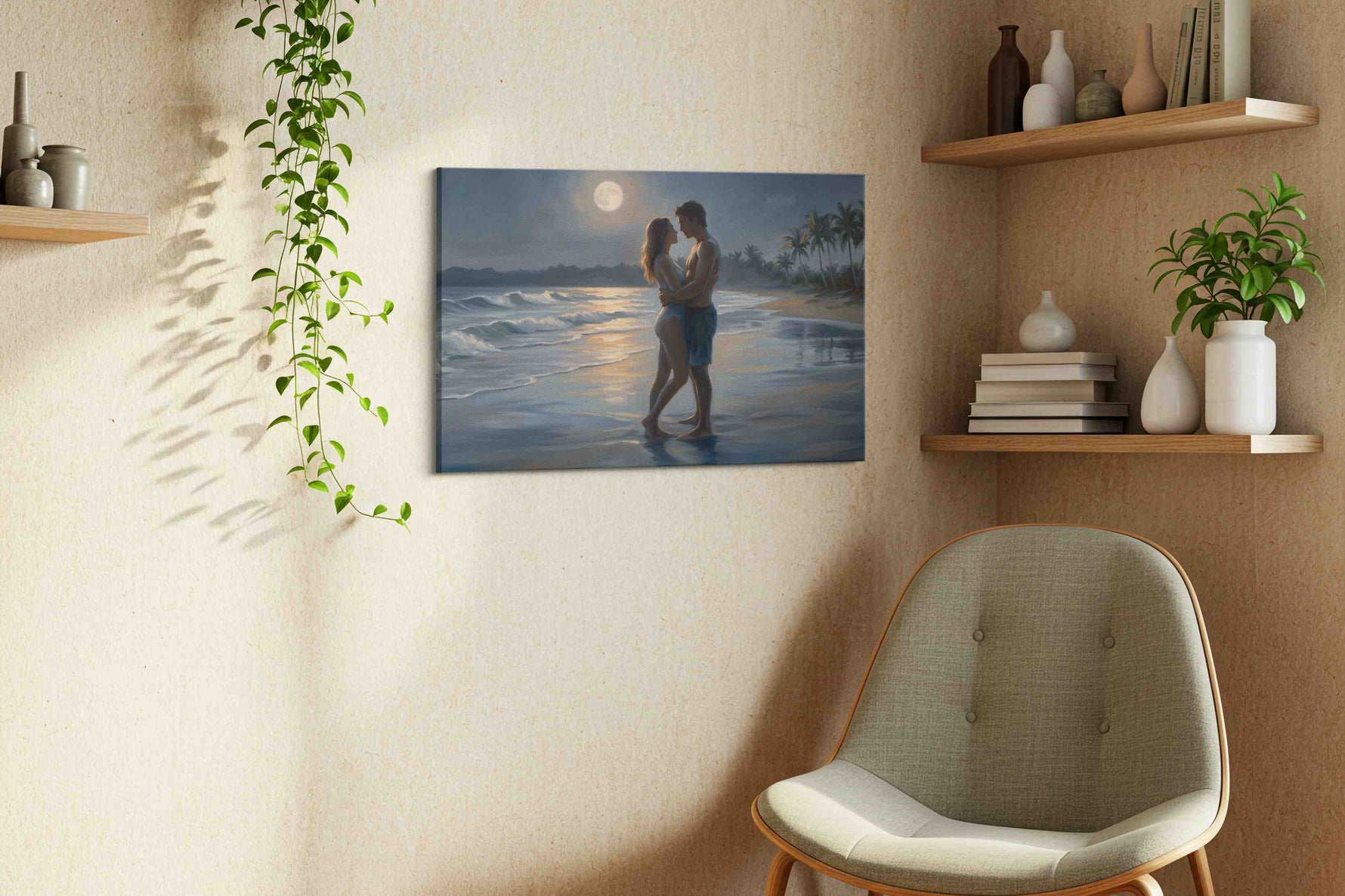 Moonlit Embrace by the Sea romance canvas print styled in a living room