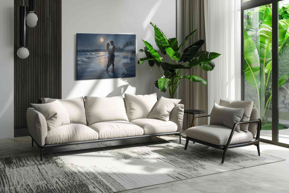 Moonlit Embrace by the Sea romance canvas print, on wall, lifestyle preview