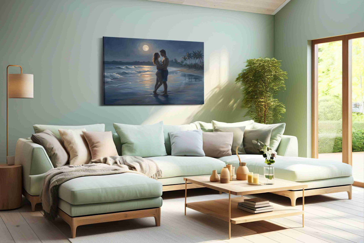 Moonlit Embrace by the Sea romance canvas print, hanging on wall