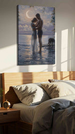 Moonlit Embrace by the Sea II romance canvas print, displayed in a bedroom