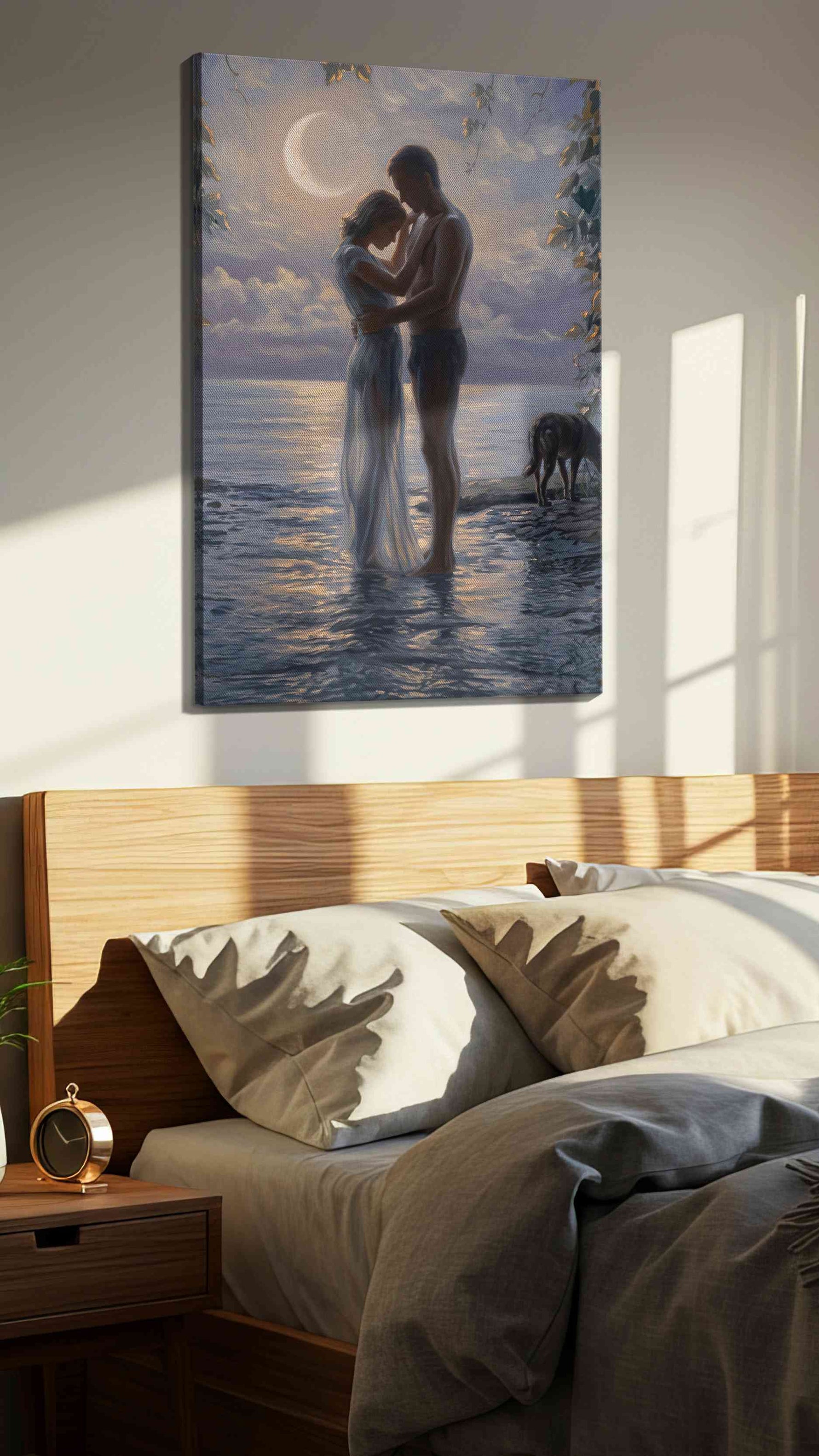 Moonlit Embrace by the Sea II romance canvas print, displayed in a bedroom