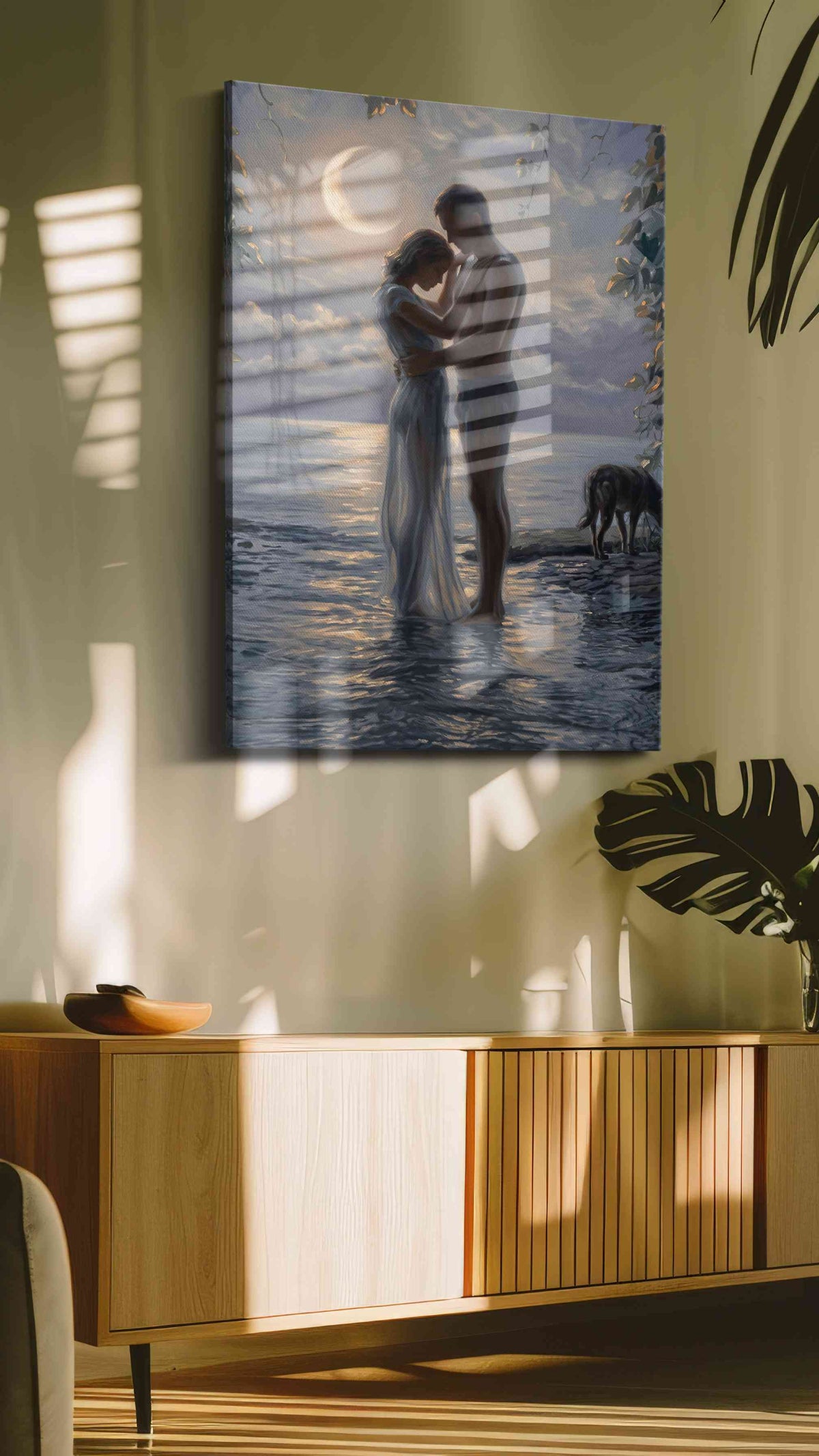 Moonlit Embrace by the Sea II romance canvas print, hanging on wall — in a hung canvas mockup