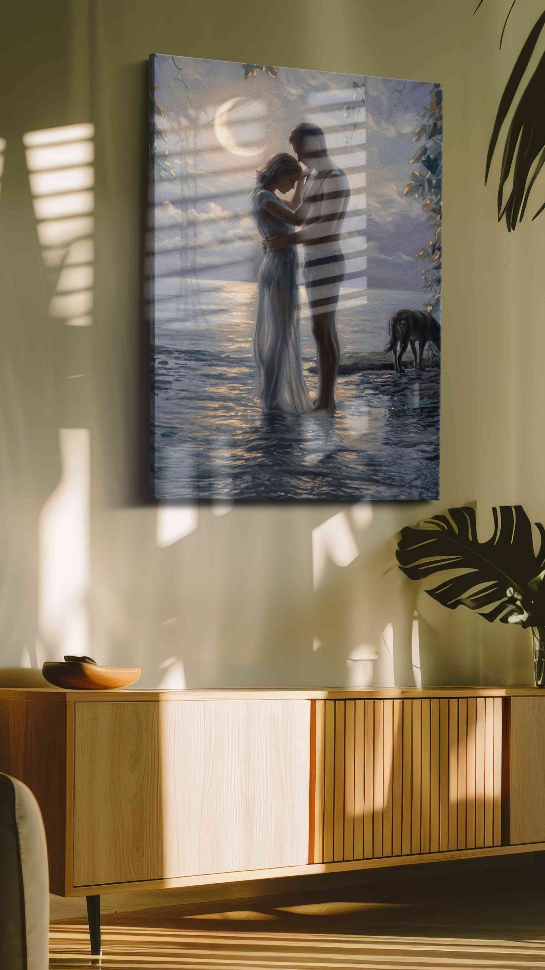 Moonlit Embrace by the Sea II romance canvas print, hanging on wall — in a hung canvas mockup