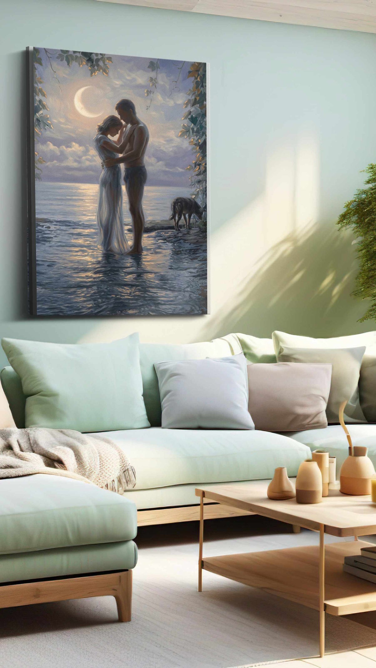 Moonlit Embrace by the Sea II romance canvas print, hanging on wall