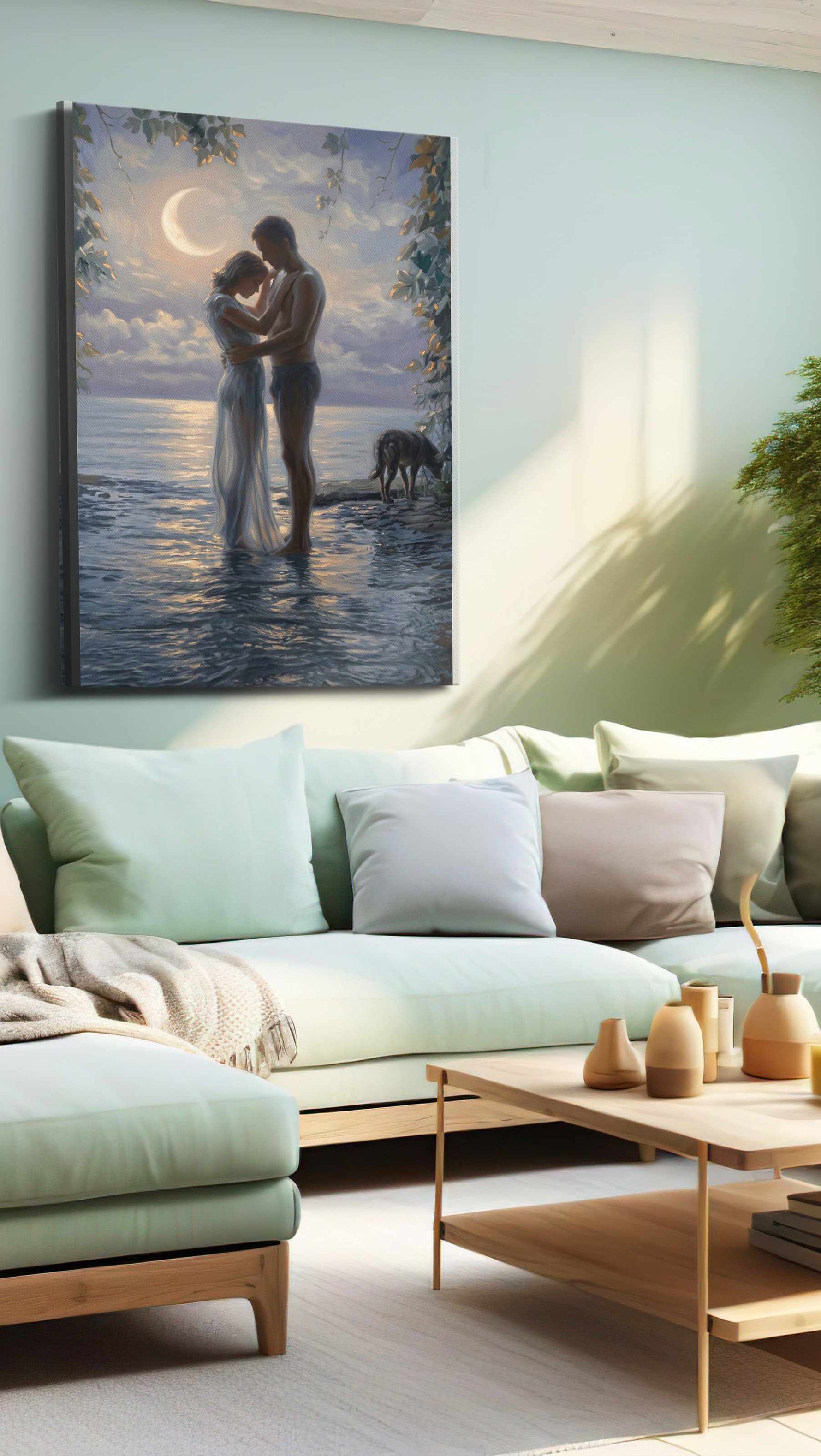 Moonlit Embrace by the Sea II romance canvas print, hanging on wall
