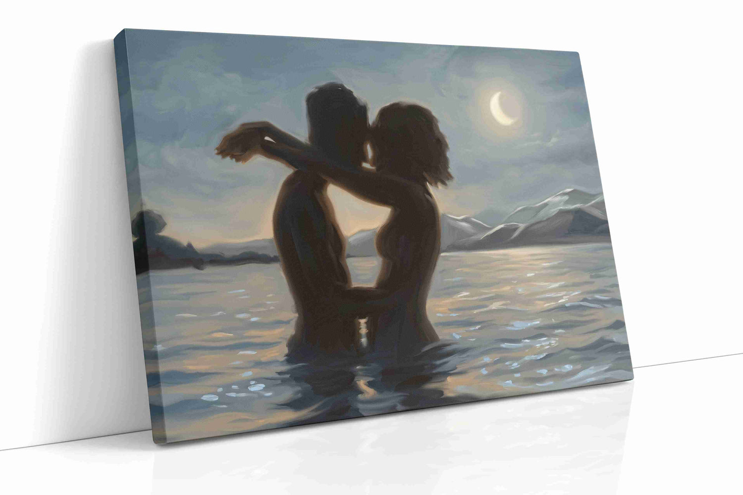 Moonlit Embrace by the Water – romance canvas wall art, gallery-wrapped, ready to hang