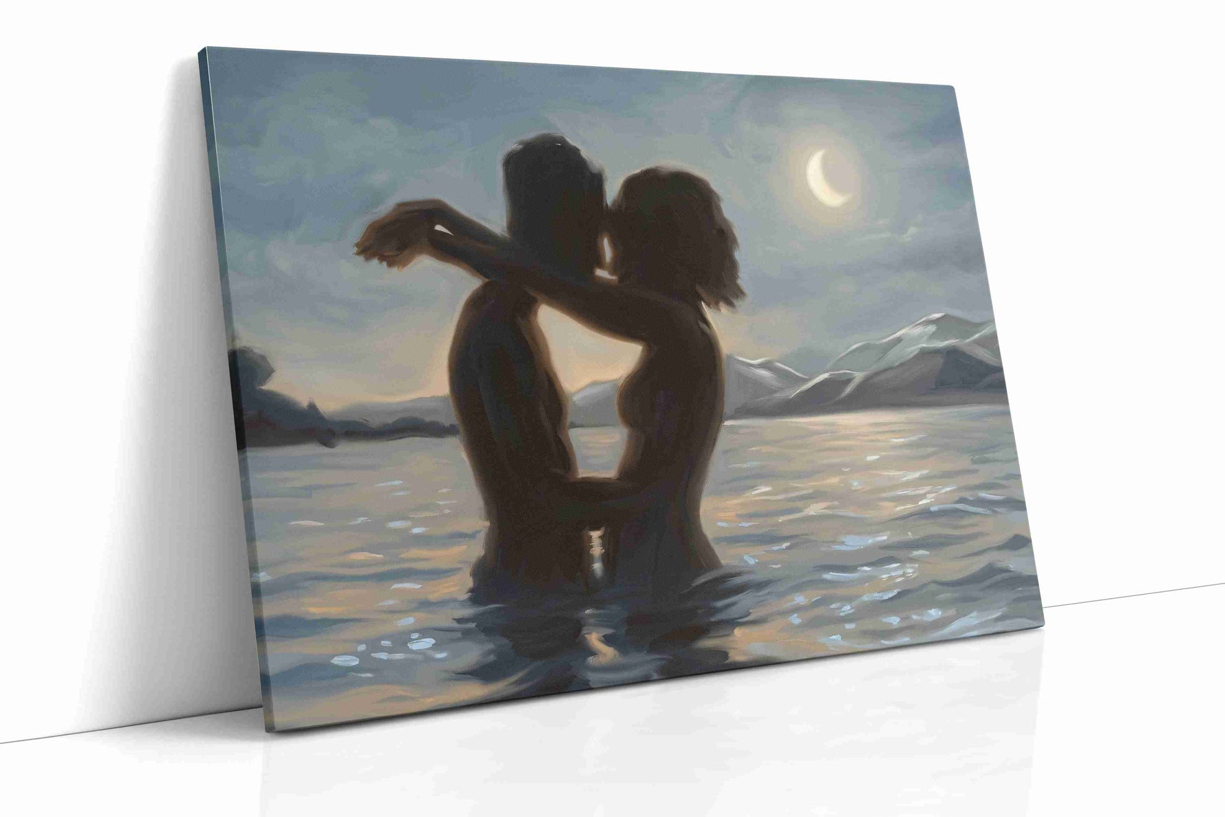 Moonlit Embrace by the Water romance canvas print, gallery-wrapped, ready to hang