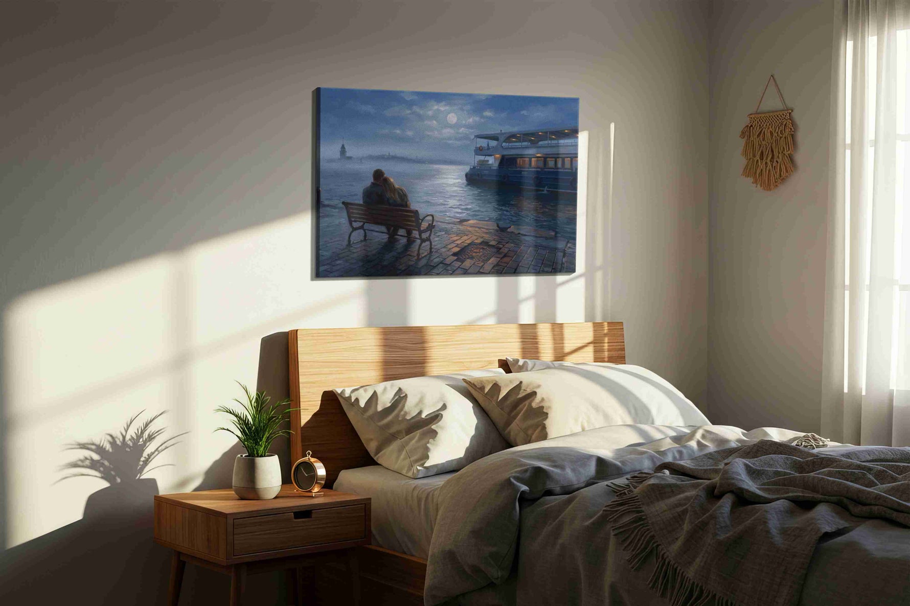 Moonlit Harbor Romance romance canvas print, displayed in a bedroom