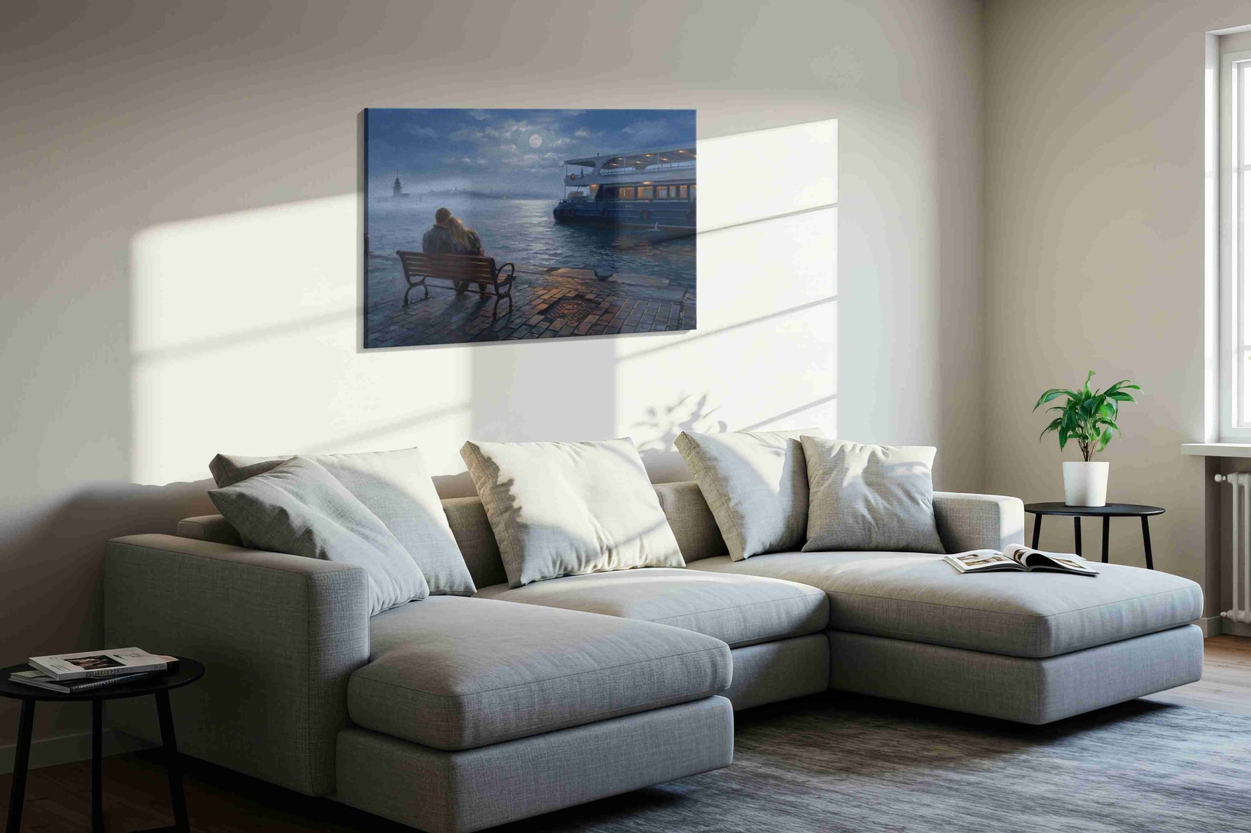 Moonlit Harbor Romance romance canvas print, displayed in a living room