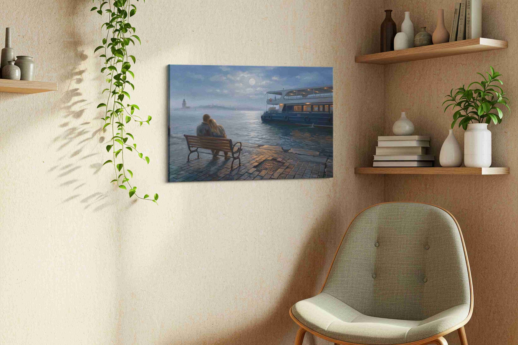 Moonlit Harbor Romance romance canvas print styled in a living room