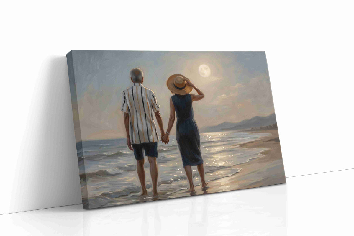 Moonlit Stroll by the Sea romance canvas print, gallery-wrapped, ready to hang