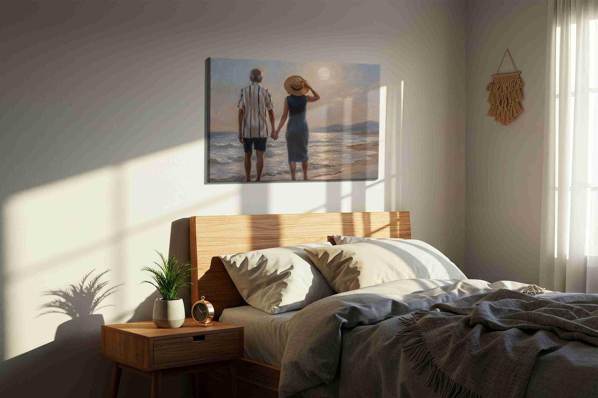 Moonlit Stroll by the Sea romance canvas print, displayed in a bedroom