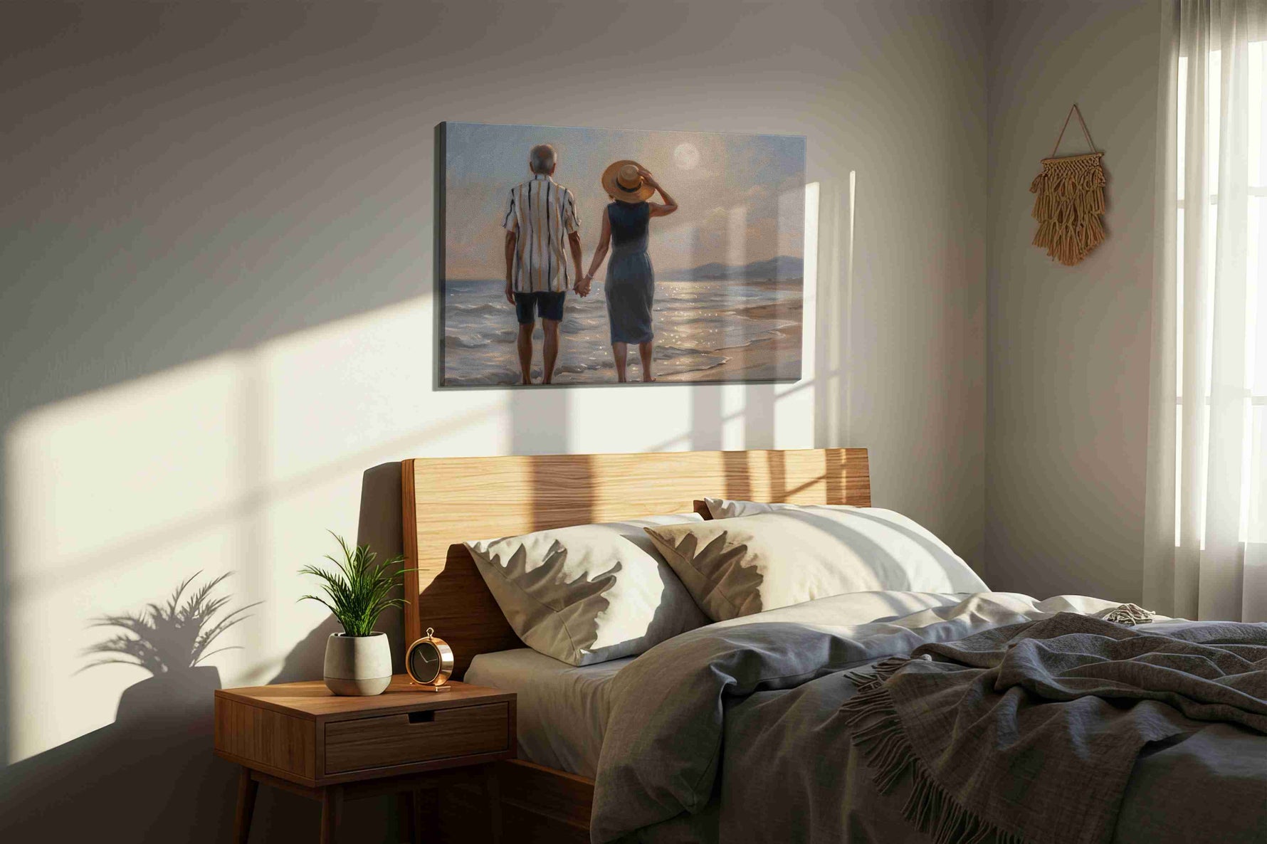 Moonlit Stroll by the Sea romance canvas print, displayed in a bedroom