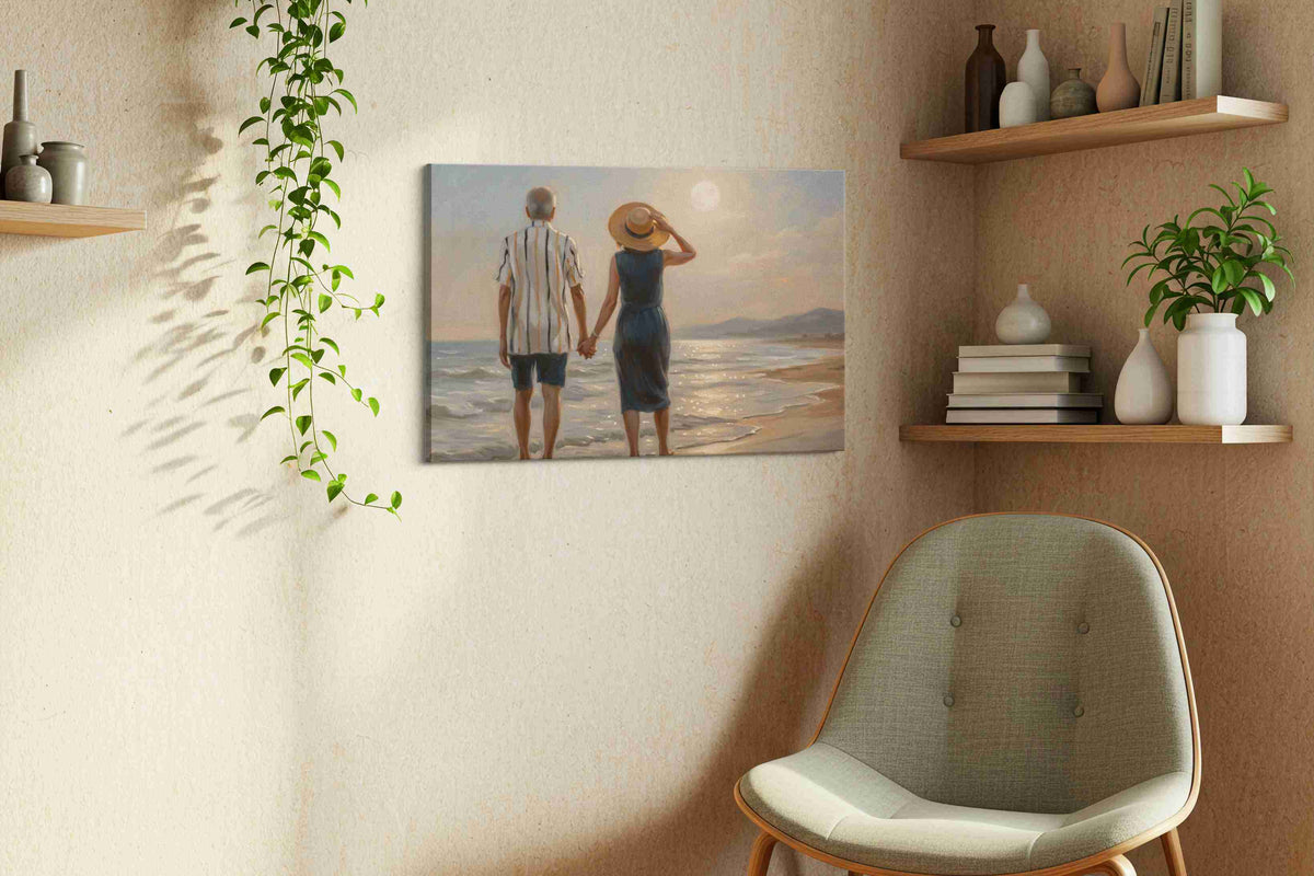 Moonlit Stroll by the Sea romance canvas print styled in a living room