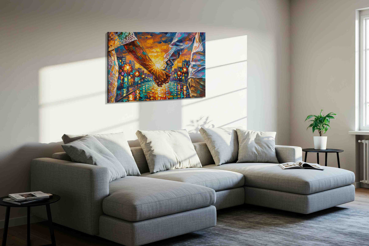Radiant Connection at Dusk romance canvas print, displayed in a living room