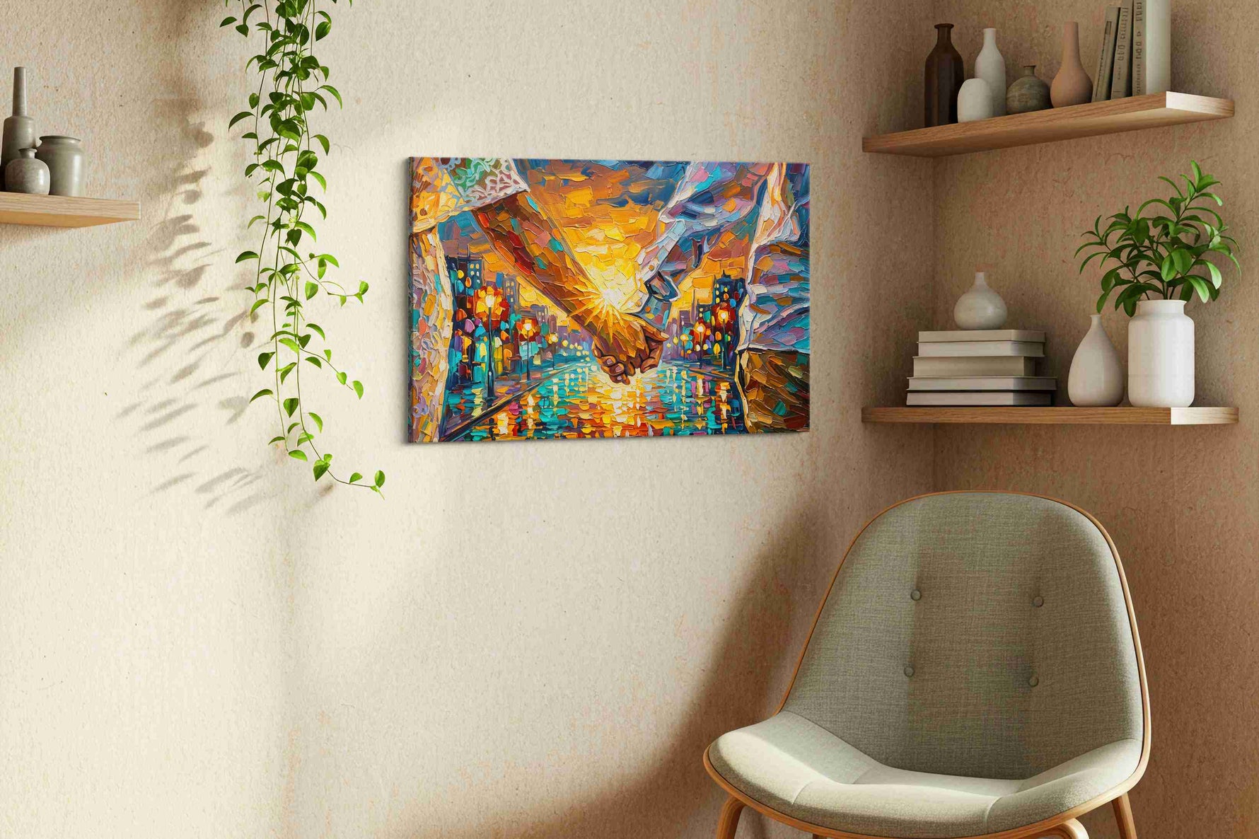 Radiant Connection at Dusk romance canvas print styled in a living room
