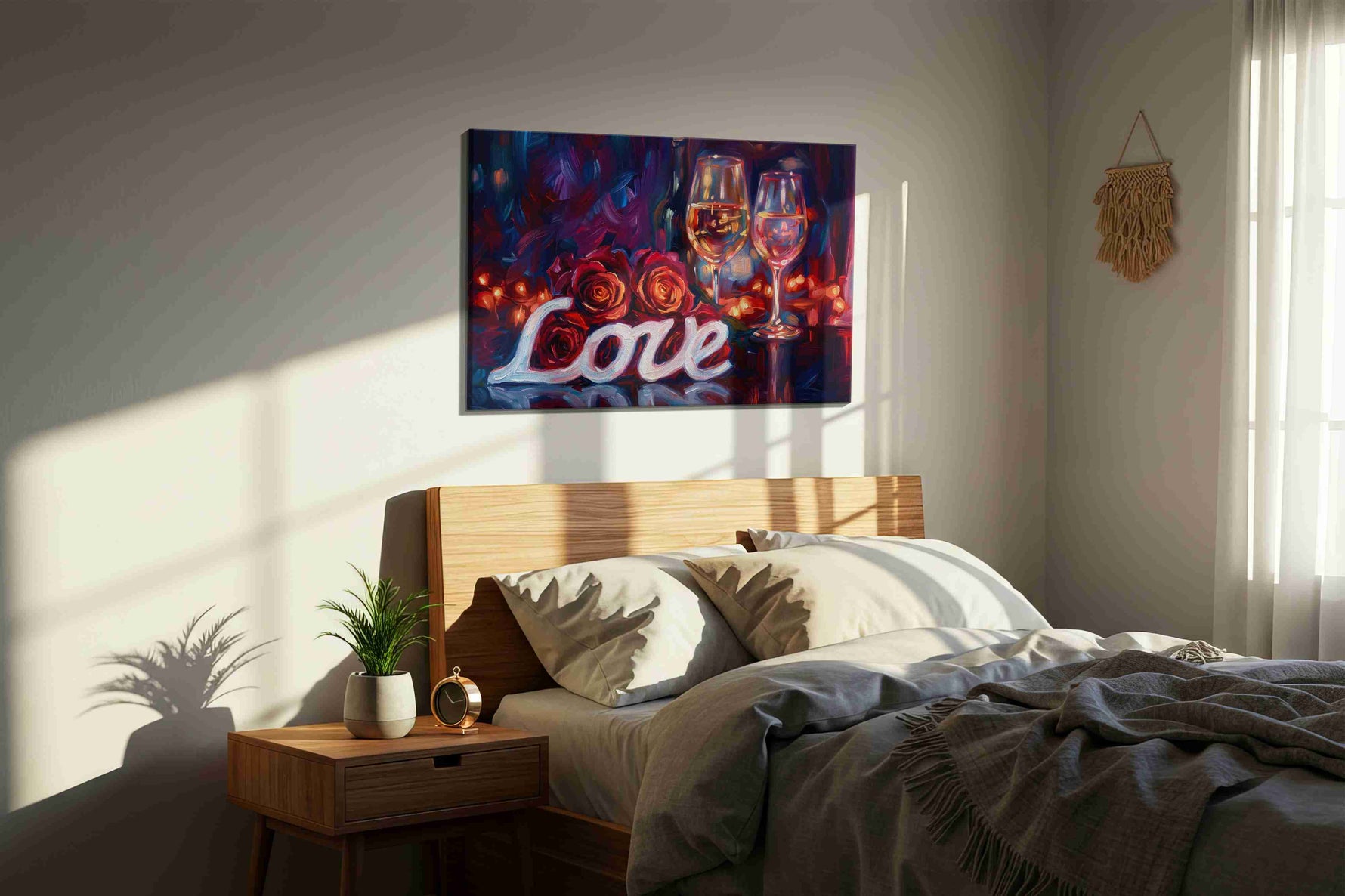 Romantic Reflections wine canvas print, displayed in a bedroom