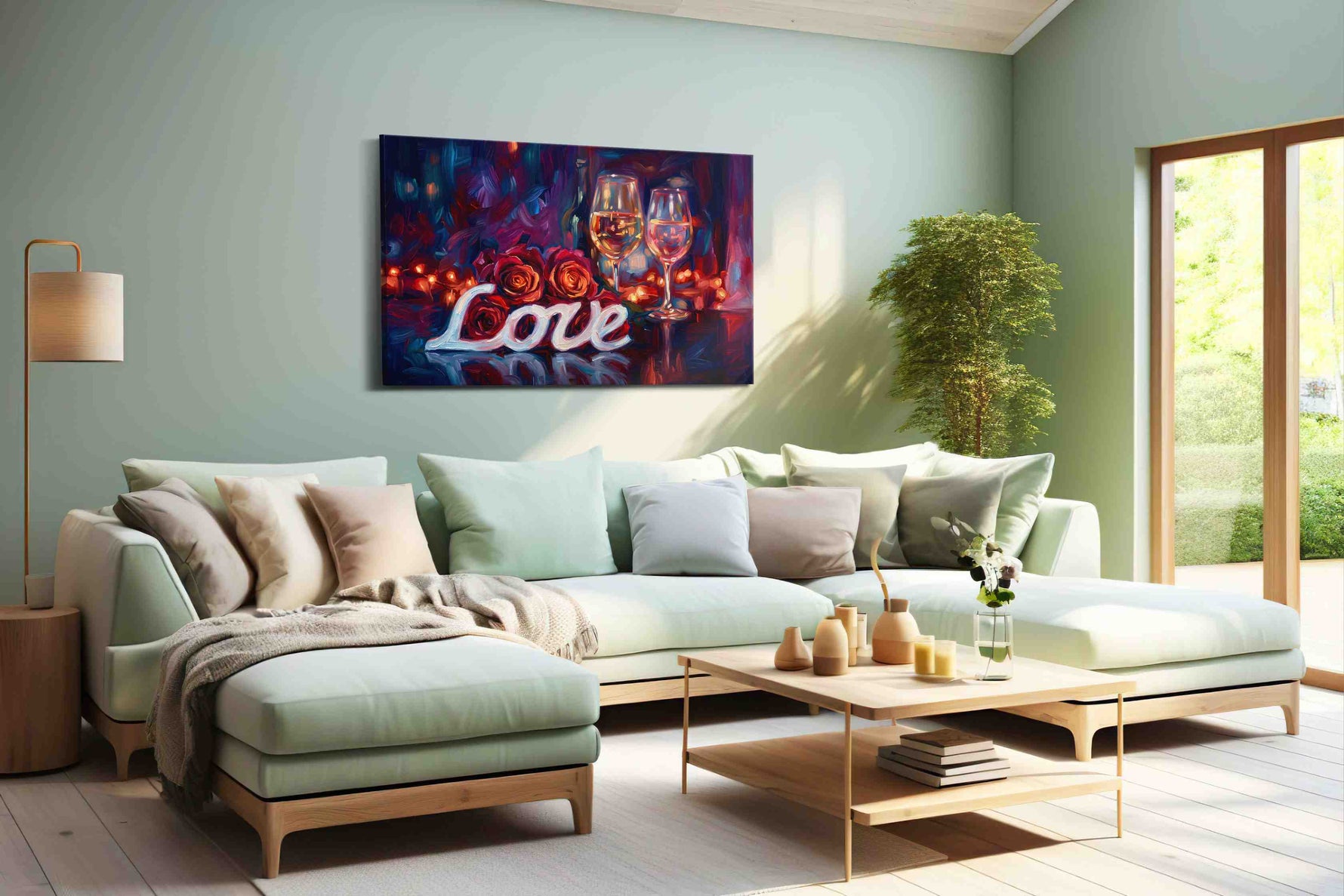 Romantic Reflections wine canvas print, hanging on wall