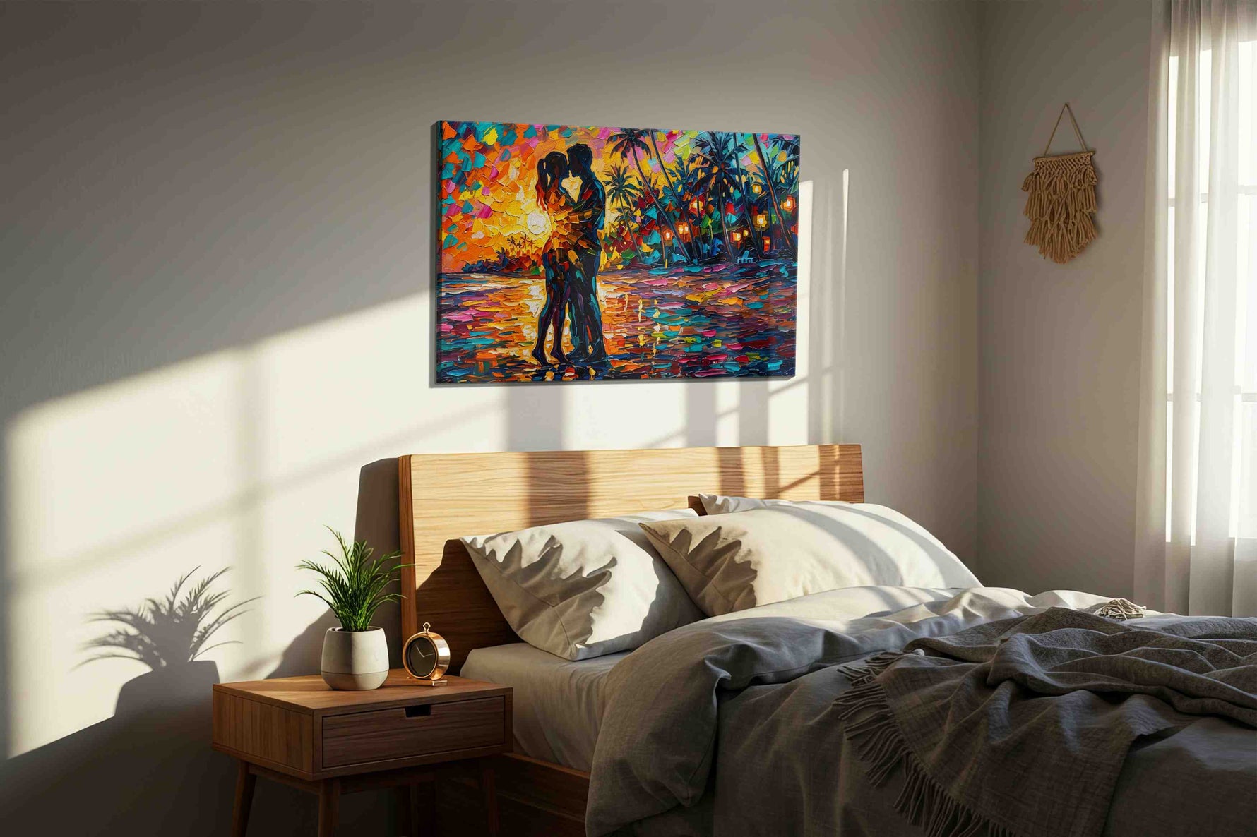 Sunset Embrace romance canvas print, displayed in a bedroom