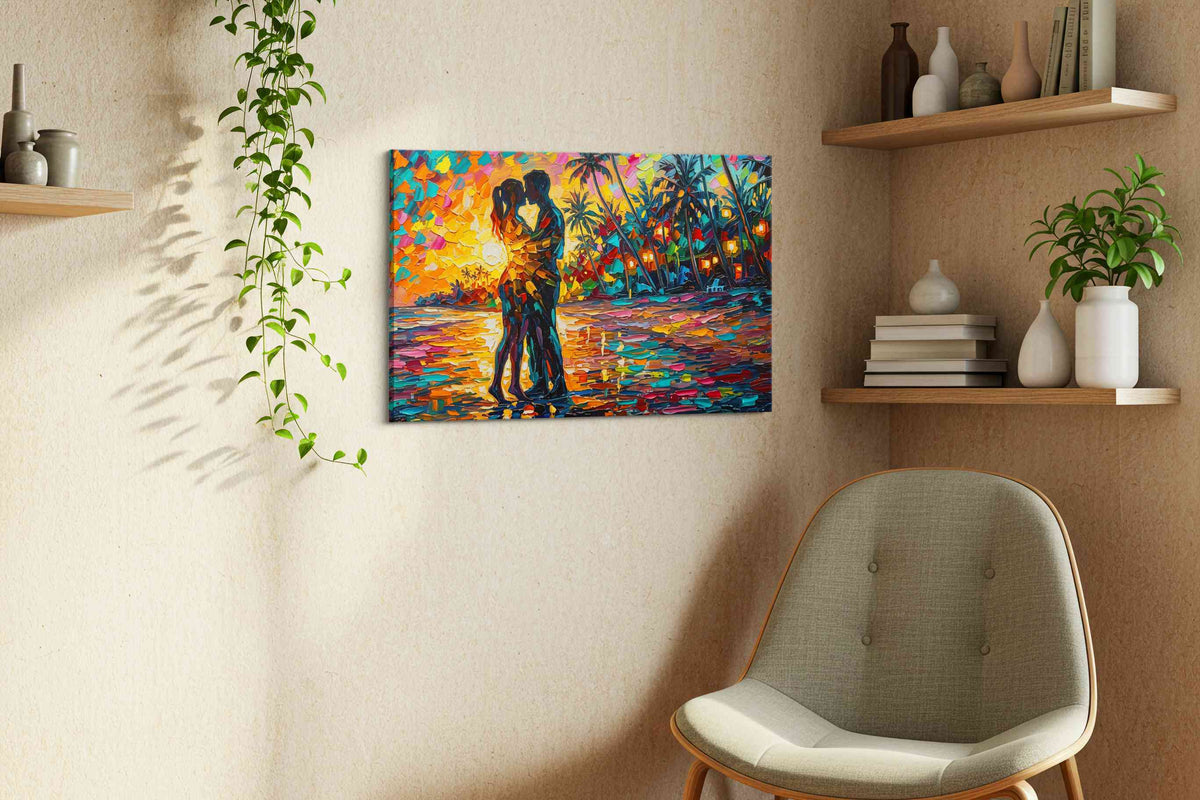 Sunset Embrace romance canvas print, displayed in a living room