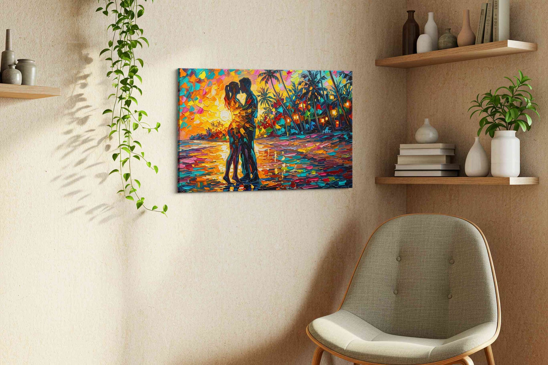 Sunset Embrace romance canvas print, displayed in a living room