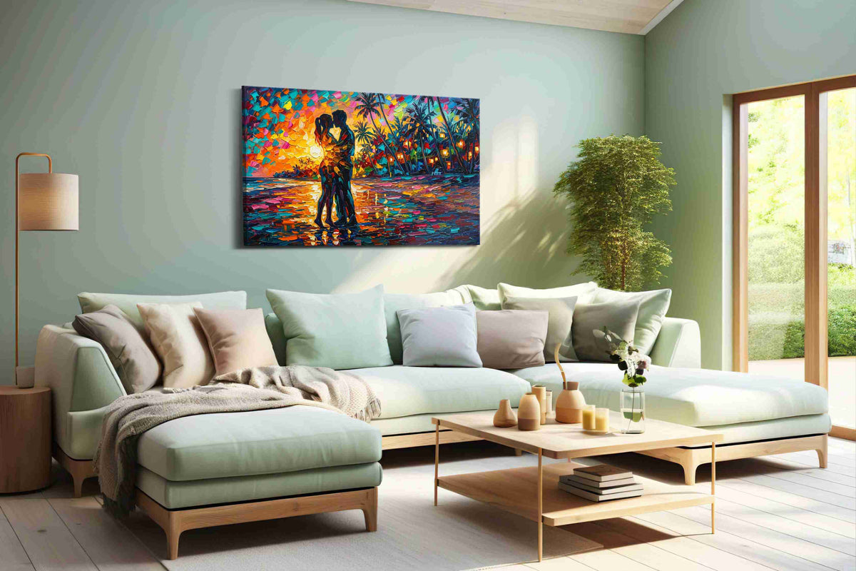 Sunset Embrace romance canvas print, hanging on wall