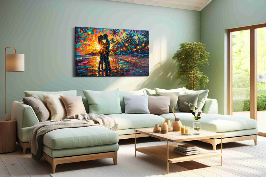 Sunset Embrace romance canvas print, hanging on wall