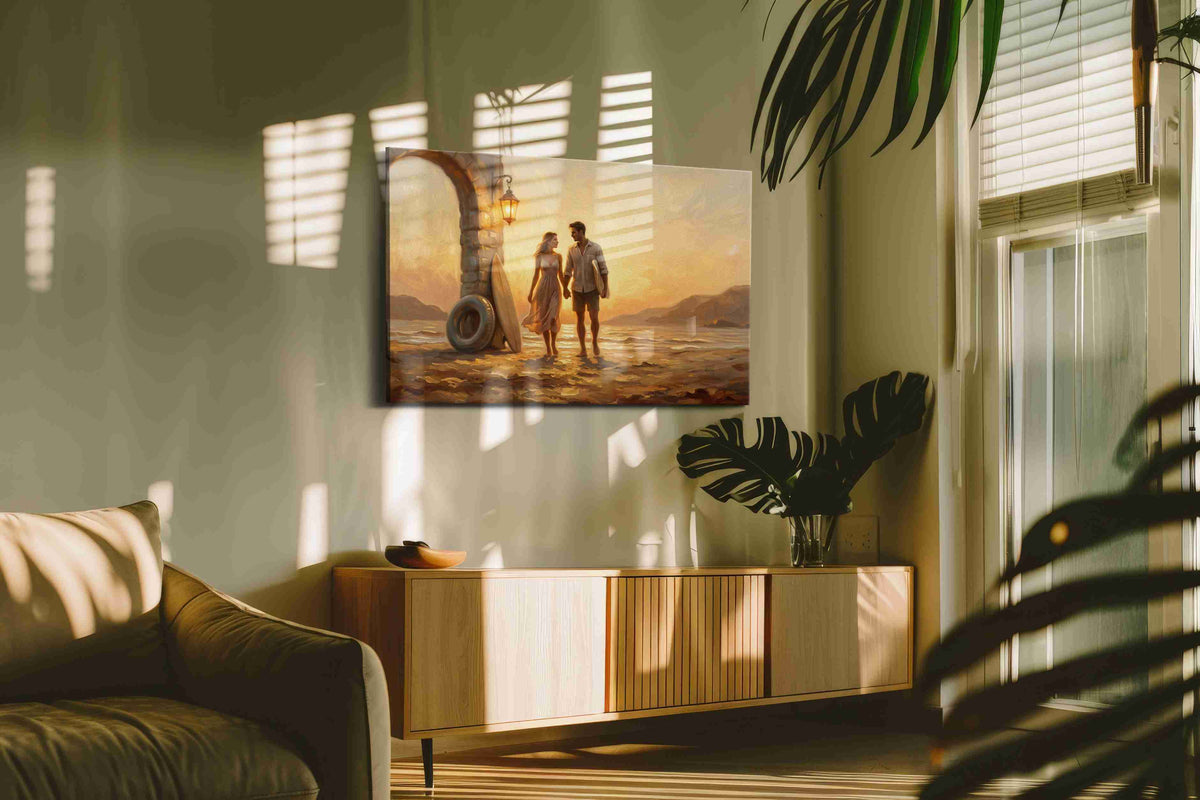 Sunset Promenade romance canvas print in a contemporary interior mockup