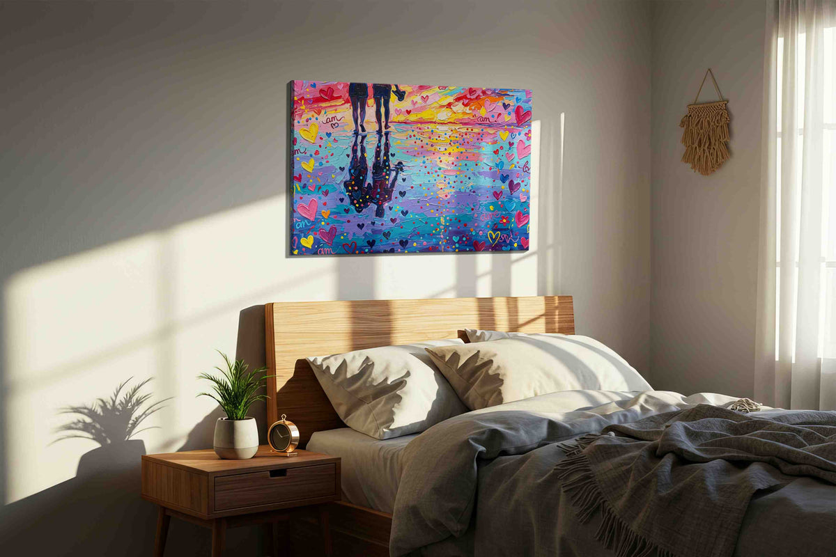 Sunset Reflections of Love romance canvas print, displayed in a bedroom